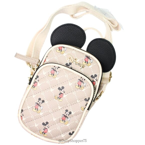 Disney Handbags - Disney Women's Luxe Mickey Mouse Patterned with Ears Quilted Beige Crossbody Bag